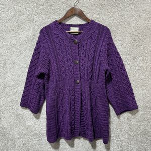 Kilronan Knitwear 100% Pure New Wool Cardigan Large Purple Chunky Knit Sweater